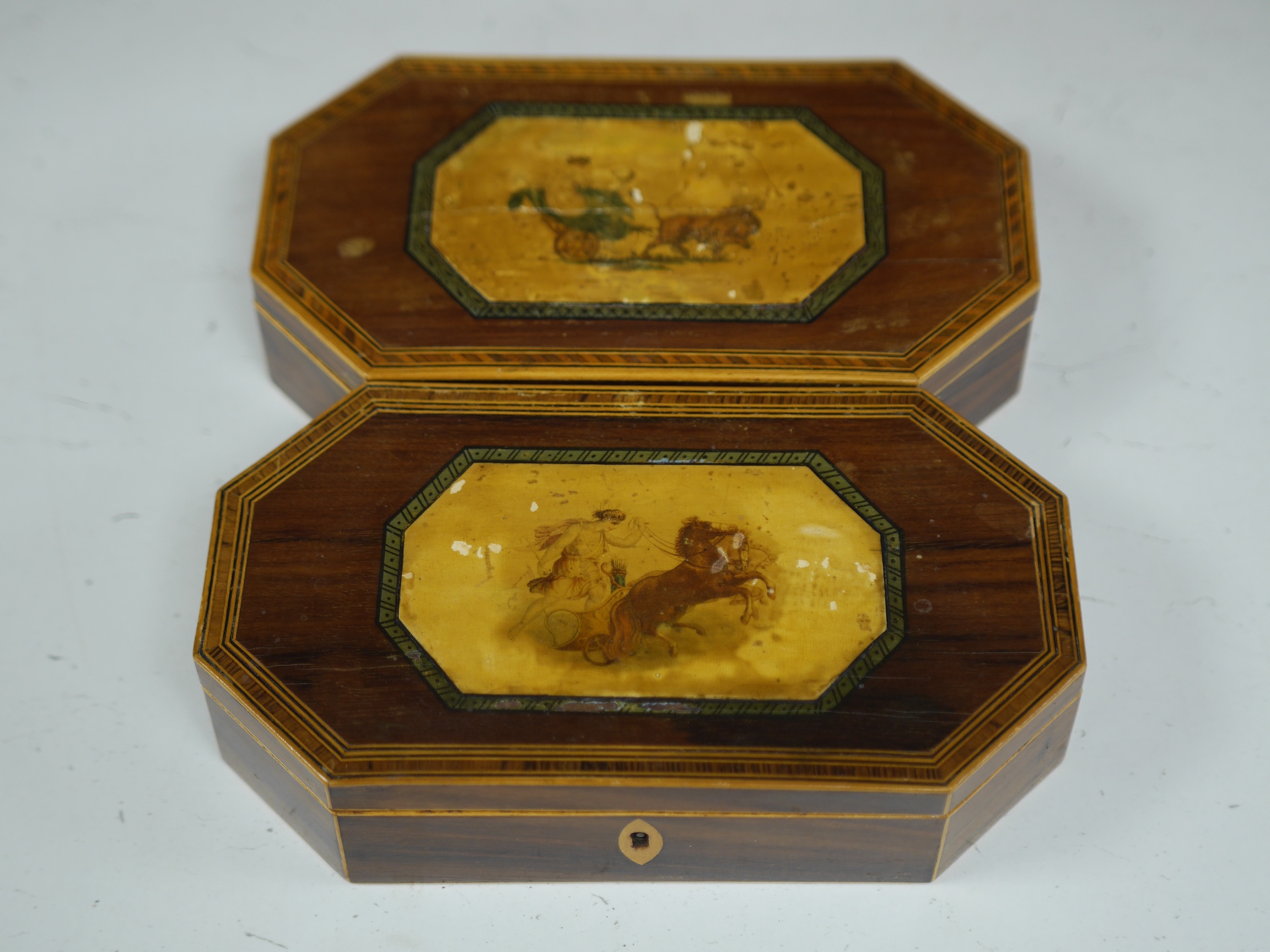 A pair of Regency octagonal boxes, with decorative central cartouche. 23cm wide x 12.5cm deep. Condition - cartouche lifting and marked